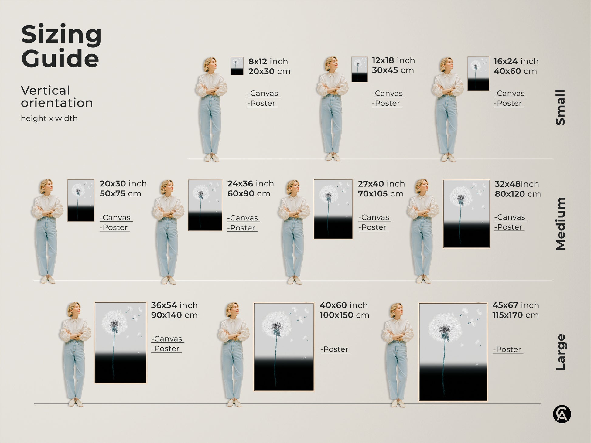 Sizing guide for minimalist dandelion art print. See vertical orientation options. Small medium and large sizes shown. Canvas and poster options available. Visualize the abstract botanical artwork in various dimensions. Find the ideal fit for your space. Transform your walls with elegant art.