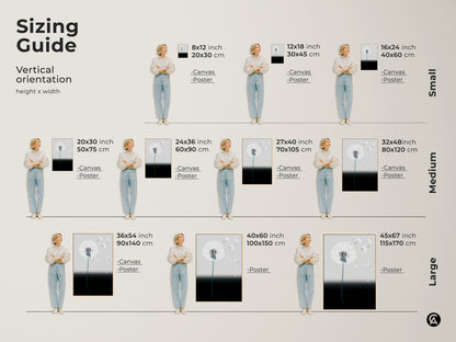 Sizing guide for minimalist dandelion art print. See vertical orientation options. Small medium and large sizes shown. Canvas and poster options available. Visualize the abstract botanical artwork in various dimensions. Find the ideal fit for your space. Transform your walls with elegant art.