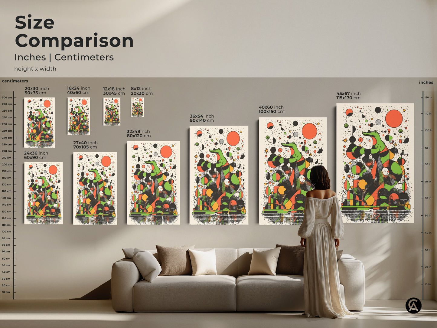 Size comparison showing various sizes of abstract crocodile artwork above a sofa. The retro animal canvas prints feature green geometric shapes. This canvas and poster art is perfect for eclectic office decor.