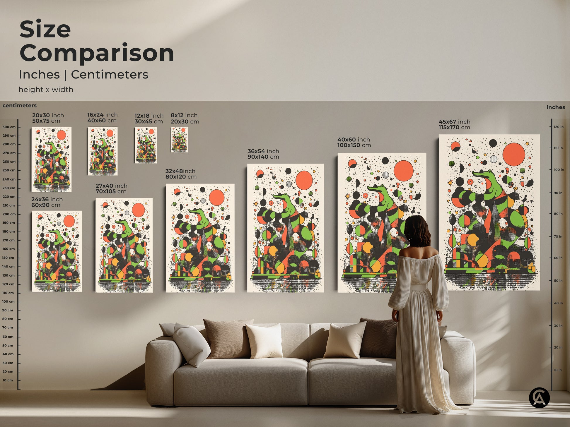 Size comparison showing various sizes of abstract crocodile artwork above a sofa. The retro animal canvas prints feature green geometric shapes. This canvas and poster art is perfect for eclectic office decor.