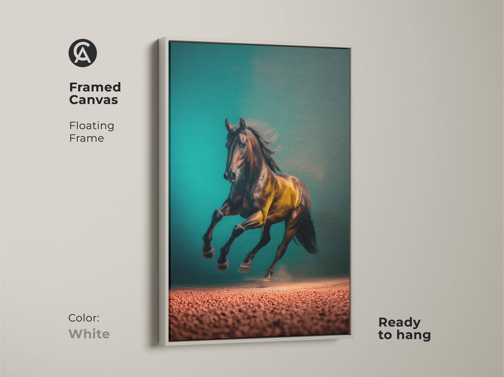 A framed canvas of a running horse artwork in a floating white frame. This equestrian print features a teal background with brown and gold accents. Ready to hang this animal art is perfect for home or office decor. A striking piece for wildlife art enthusiasts. Enhance your space with this sophisticated horse painting.