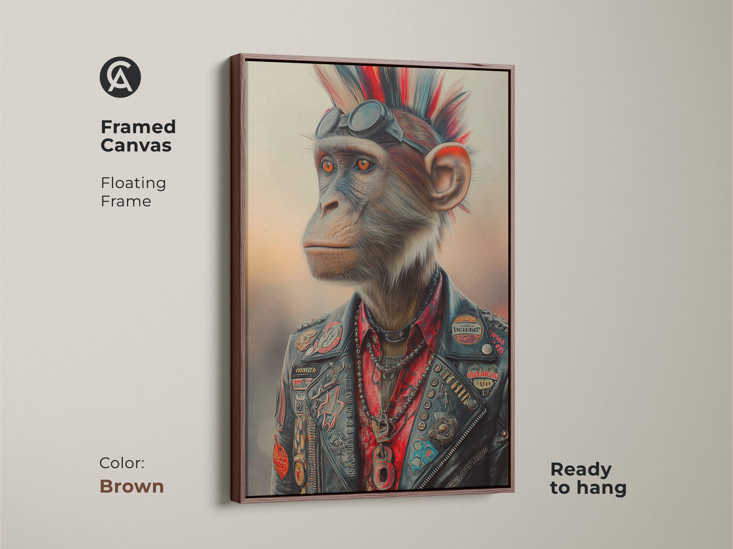 Framed canvas with a rock and roll chimpanzee artwork. Punk animal wall art presented in a floating brown frame. This leather jacket monkey print is an eclectic music lover gift. The alternative home decor art is ready to hang. Animal-themed rebellion art