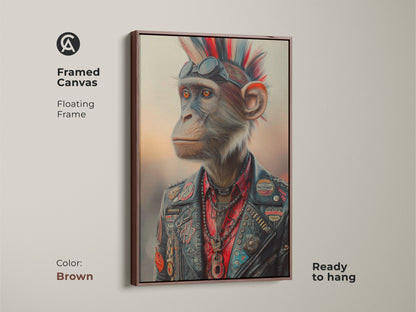 Framed canvas with a rock and roll chimpanzee artwork. Punk animal wall art presented in a floating brown frame. This leather jacket monkey print is an eclectic music lover gift. The alternative home decor art is ready to hang. Animal-themed rebellion art