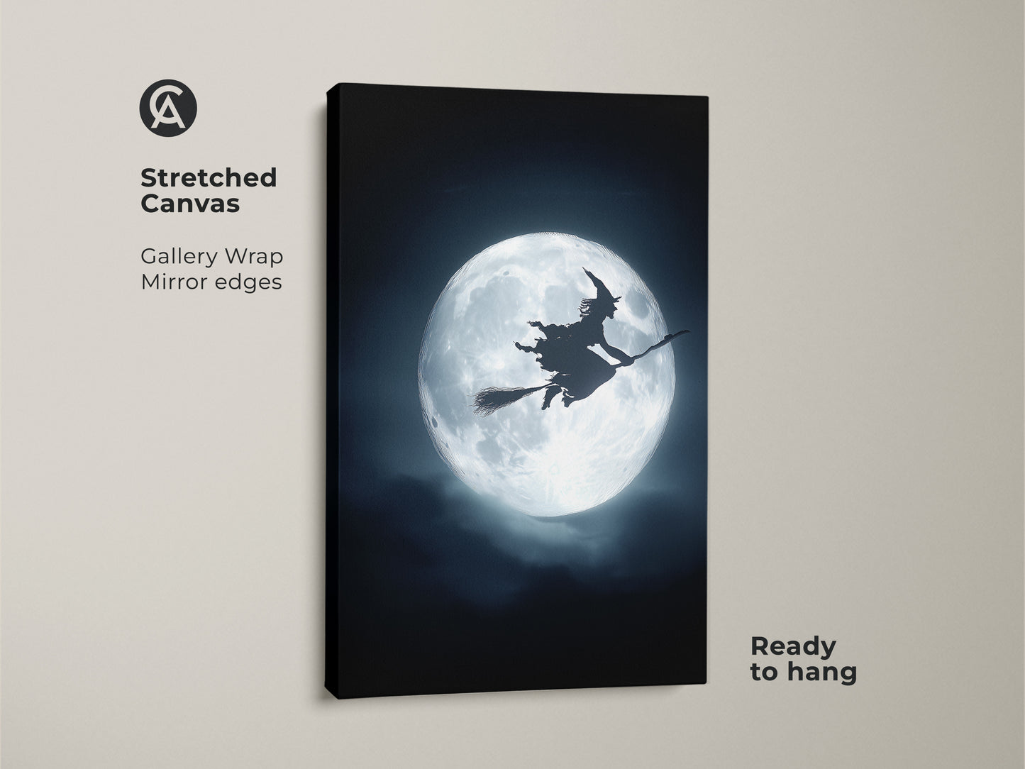 Stretched canvas showcasing gothic witch wall art.  A Halloween witchcraft decor features a witch flying across a full moon. The eclectic fantasy art uses dark blue and silver tones. Ready to hang for a spooky season vibe.