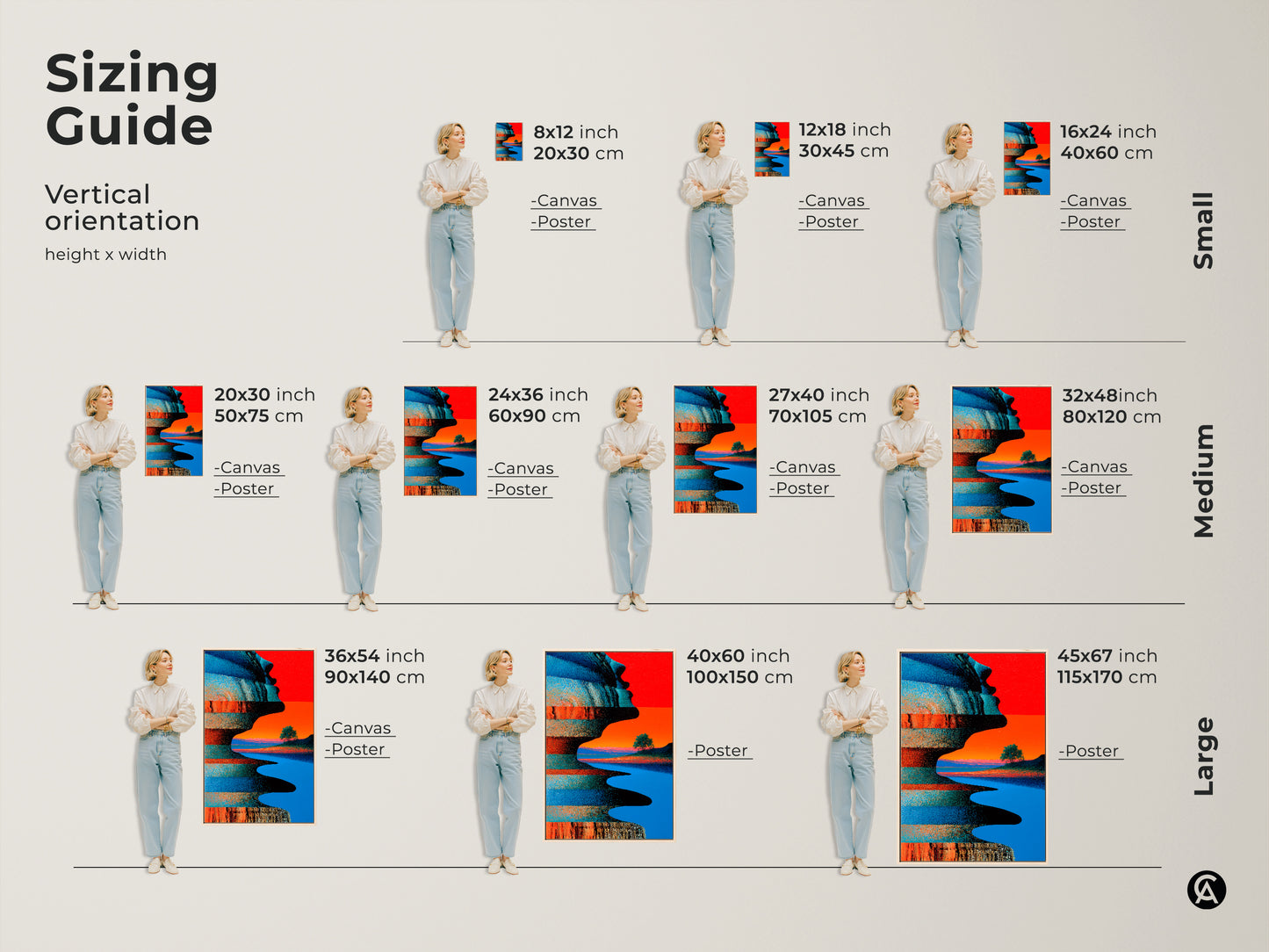 Find the perfect fit with our sizing guide for this abstract artwork. Visualize how this surreal landscape canvas print will transform your space. Sizes range from small to large. Make your home uniquely yours.