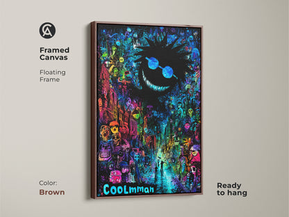 Framed canvas artwork of COOLmman. The brown floating frame enhances the dark grinning face with sunglasses looming over a psychedelic street scene. This framed canvas is ready to hang.