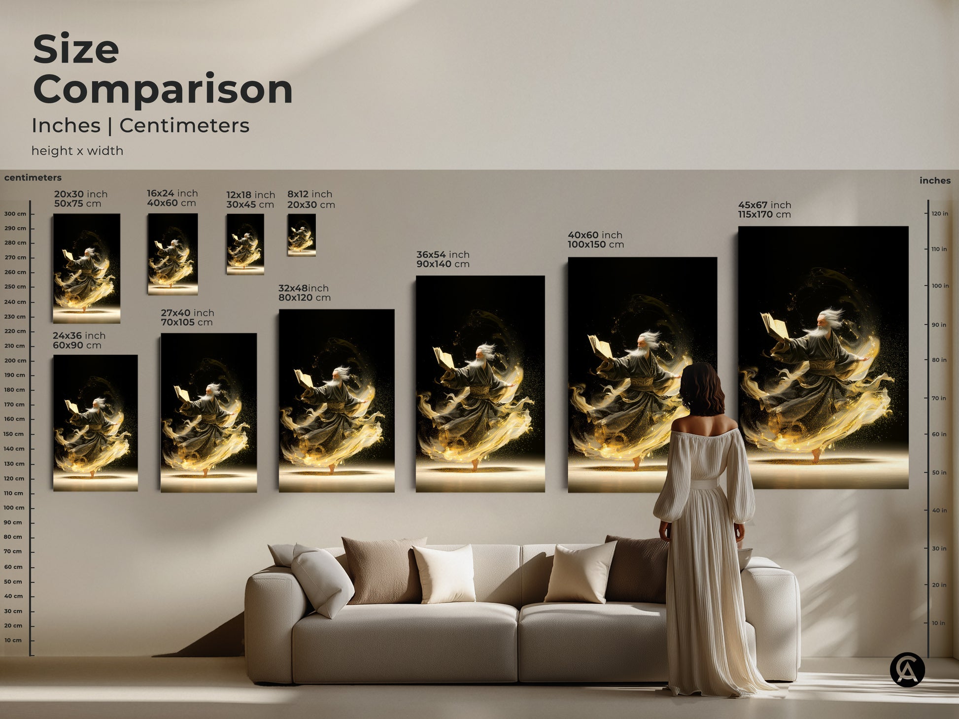 A size comparison of the elderly man reading a magic book art is displayed. Inches and centimeters are compared. Various sizes are showcased in this fantasy artwork. This spiritual art makes an eclectic home office decor.