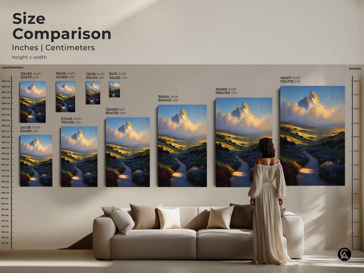 Size comparison of mountain peak canvas prints in inches and centimeters. Visualize how different sizes fit above a couch. Choose from various dimensions to enhance your living room decor. Find the perfect scenic trail wall decor.
