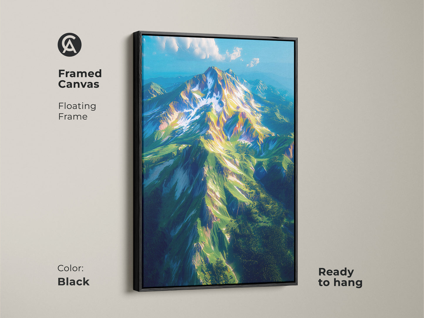 Framed canvas artwork displaying a stunning mountain view. The floating frame adds a touch of elegance. Ready to hang this black framed canvas effortlessly enhances your home decor. The fine art print brings the beauty of nature indoors. Perfect for art enthusiasts.