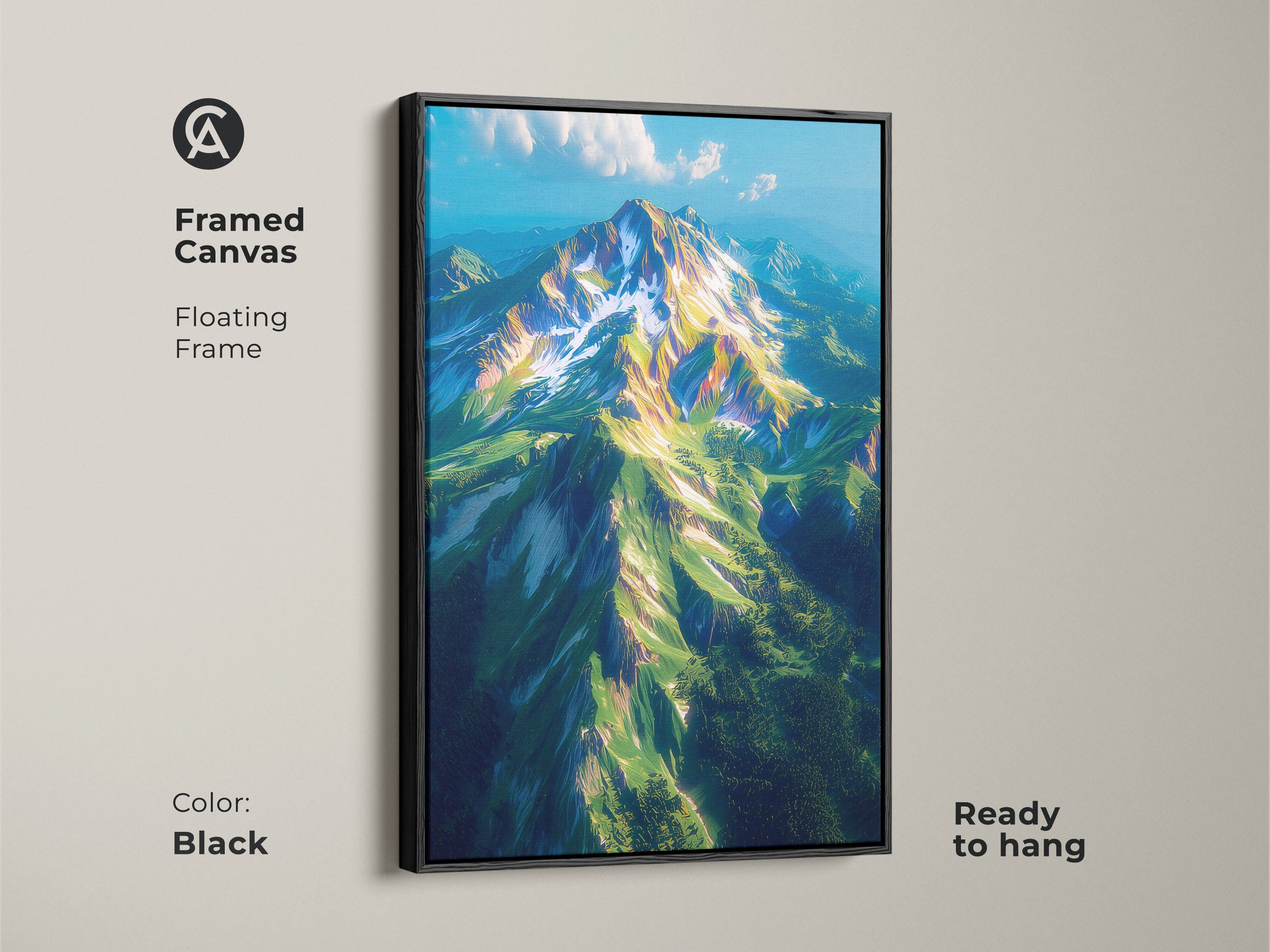 Framed canvas artwork displaying a stunning mountain view. The floating frame adds a touch of elegance. Ready to hang this black framed canvas effortlessly enhances your home decor. The fine art print brings the beauty of nature indoors. Perfect for art enthusiasts.