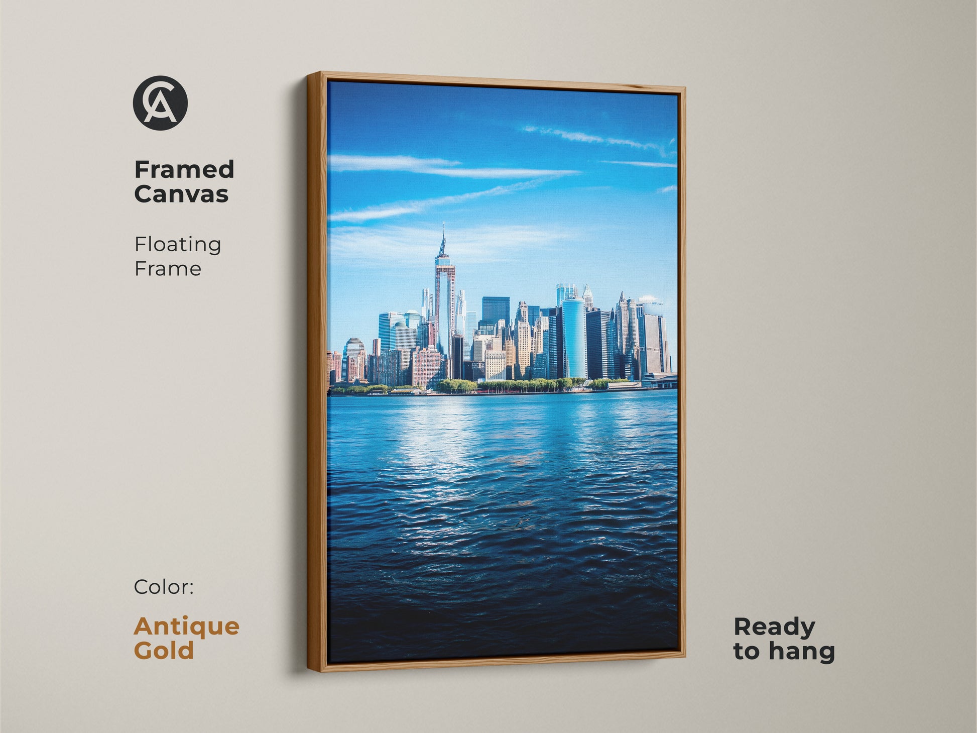 Framed canvas of the New York City skyline art with a floating antique gold frame. Ready to hang modern art complements a modern home. It is a waterfront skyline art.