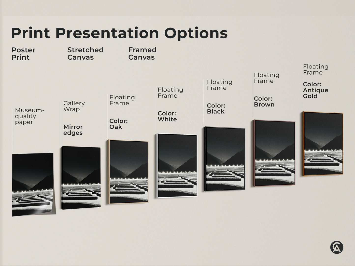 Explore print presentation options for minimalist maze art. Choose from a poster print or stretched canvas. Framed canvases come in black brown white and antique gold frames for sophisticated wall decor.