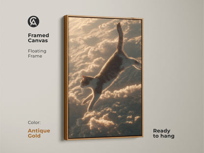 This framed surreal cat artwork is ready to hang. A feline jumps through the clouds in this canvas. It is dreamy eclectic bedroom art in antique gold. Gift now