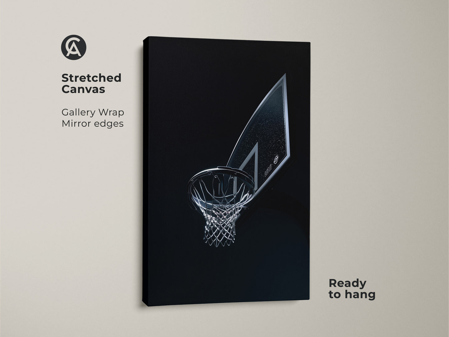 A stretched canvas basketball hoop artwork with gallery wrap and mirrored edges. Ready to hang this sports decor is perfect for an office or athletic room. The black and silver art is a great gift.