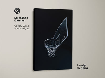 A stretched canvas basketball hoop artwork with gallery wrap and mirrored edges. Ready to hang this sports decor is perfect for an office or athletic room. The black and silver art is a great gift.