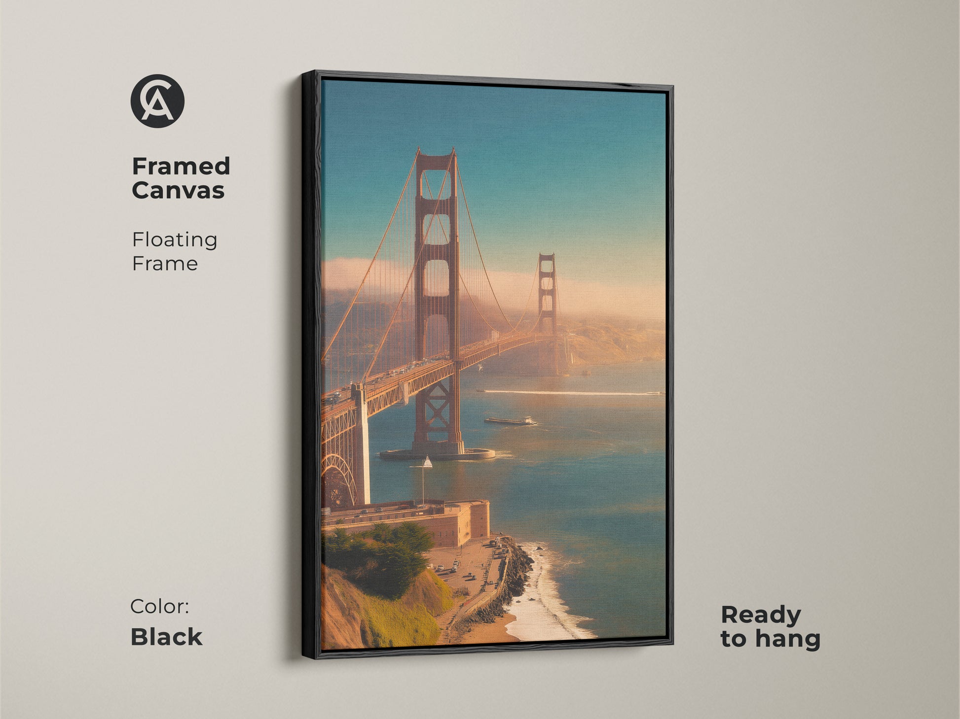 Framed canvas art featuring the Golden Gate Bridge. This San Francisco seascape print has a floating black frame. Ready to hang coastal landscape wall decor that elevates any space.