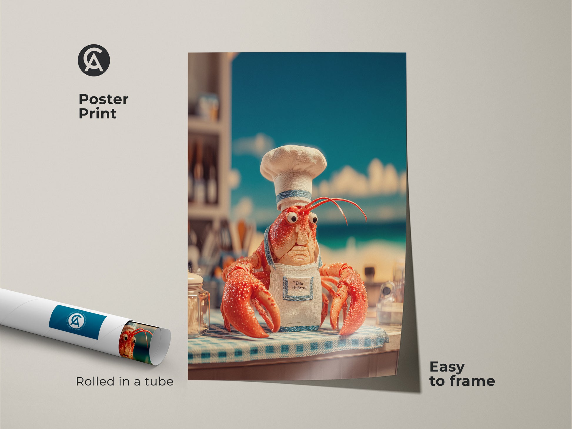Poster print of a lobster chef rolled in a tube. This art print is easy to frame and adds a whimsical touch to your space. The humorous artwork is perfect for kitchens and dining areas. A fun art piece for seafood lovers. Buy this lobster art now.