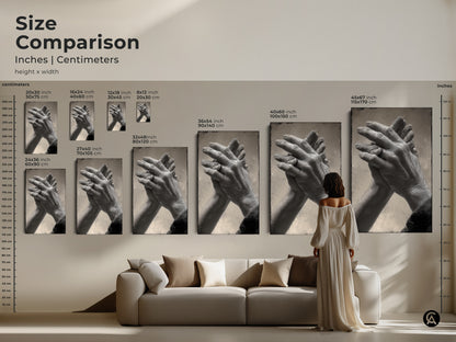 Size comparison of intertwined hands art in a living room. See the impact of different sizes on your wall. Choose from a range of sizes for the perfect monochrome artwork. Ideal as minimalist living room art.
