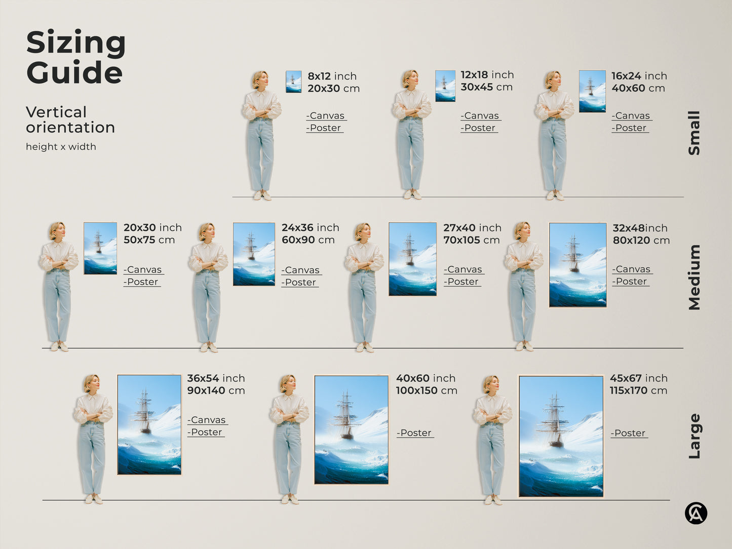 Find the perfect fit with our sizing guide for this nautical wall art. Displayed vertically this tall ship in iceberg sea canvas print comes in sizes from small to large. Visualize how this deep blue ocean artwork enhances your space. It suits home offices study rooms and makes a thoughtful adventurous explorer gift.