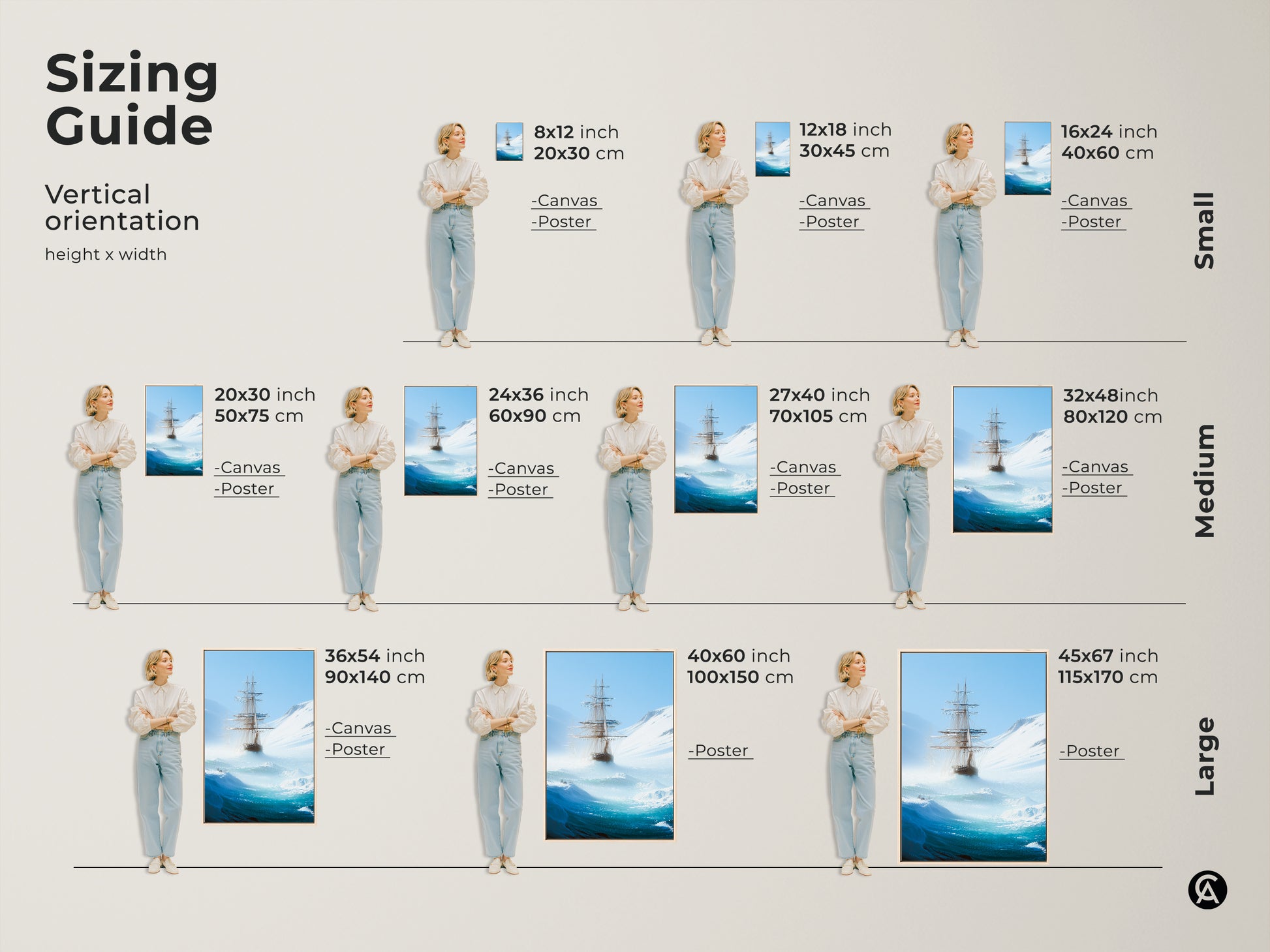 Find the perfect fit with our sizing guide for this nautical wall art. Displayed vertically this tall ship in iceberg sea canvas print comes in sizes from small to large. Visualize how this deep blue ocean artwork enhances your space. It suits home offices study rooms and makes a thoughtful adventurous explorer gift.