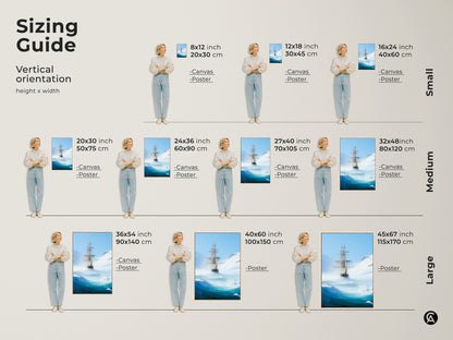 Find the perfect fit with our sizing guide for this nautical wall art. Displayed vertically this tall ship in iceberg sea canvas print comes in sizes from small to large. Visualize how this deep blue ocean artwork enhances your space. It suits home offices study rooms and makes a thoughtful adventurous explorer gift.