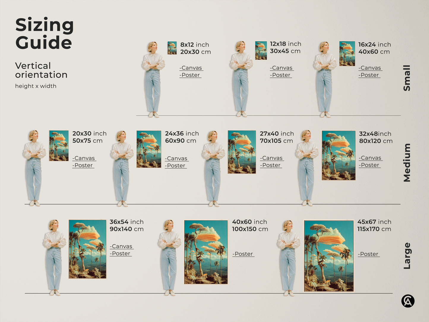Sizing guide for the canvas & poster prints. Choose small medium or large vertical art to fit your unique space. Each size features a vibrant landscape print. Perfect as nature wall art in your home or office.