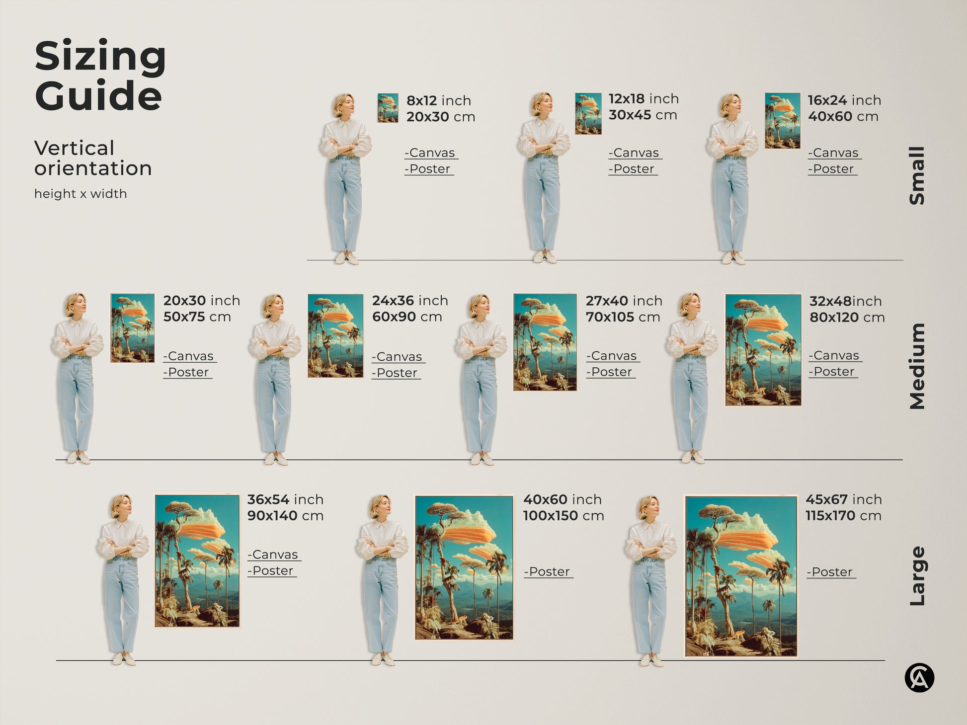 Sizing guide for the canvas & poster prints. Choose small medium or large vertical art to fit your unique space. Each size features a vibrant landscape print. Perfect as nature wall art in your home or office.
