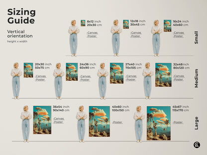 Sizing guide for the canvas & poster prints. Choose small medium or large vertical art to fit your unique space. Each size features a vibrant landscape print. Perfect as nature wall art in your home or office.