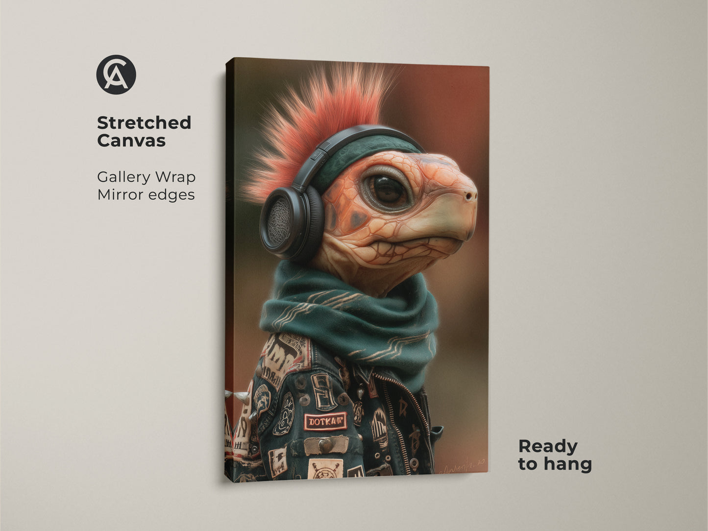 Stretched Canvas Mohawk Turtle Art is displayed. This gallery-wrapped piece is a vibrant addition to eclectic decor. See the turtle with a mohawk headphones scarf and jacket. Ideal for music themed rooms. It's a unique music lover gift. A great man cave animal pop culture art choice ready to hang.