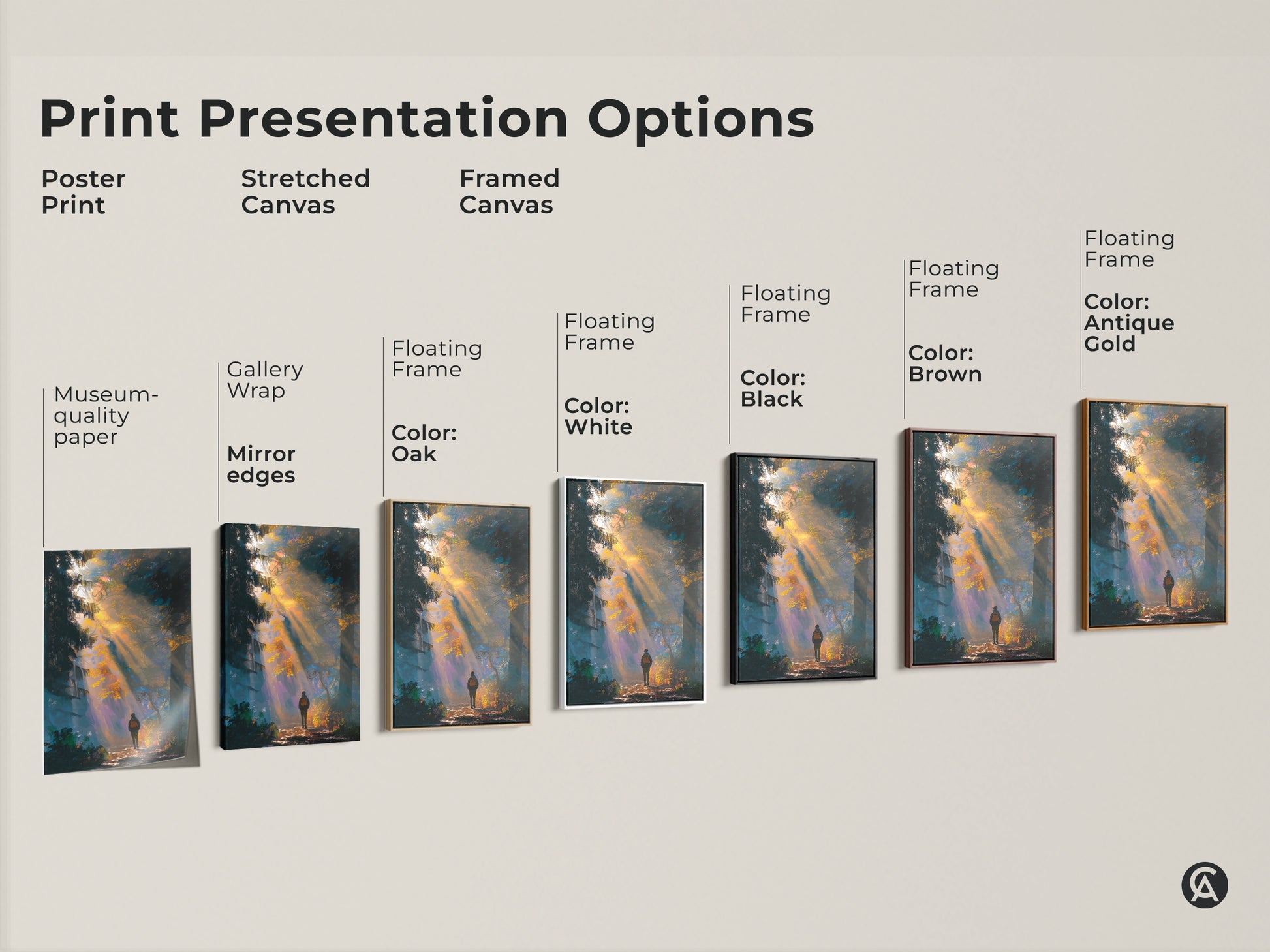 Explore print presentation options for the forest hiker artwork. Choose from poster prints stretched canvas and framed canvas. Options include gallery wrap floating frames and various colors. Find the perfect style to match your decor. Bring the beauty of nature into your home.