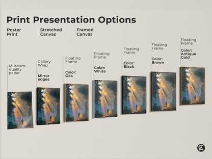 Explore print presentation options for the forest hiker artwork. Choose from poster prints stretched canvas and framed canvas. Options include gallery wrap floating frames and various colors. Find the perfect style to match your decor. Bring the beauty of nature into your home.