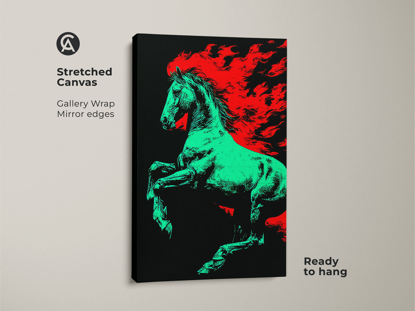 Stretched canvas print of a green horse with a red flame mane. Gallery wrapped with mirror edges this eclectic animal wall art is ready to hang. A unique horse lover birthday gift for office or home.