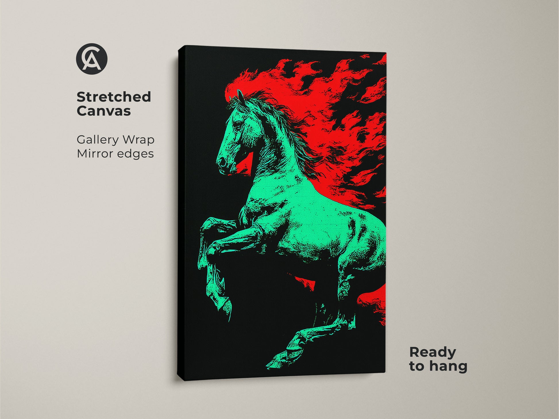 Stretched canvas print of a green horse with a red flame mane. Gallery wrapped with mirror edges this eclectic animal wall art is ready to hang. A unique horse lover birthday gift for office or home.