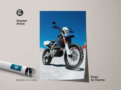 Poster print of a blue white motocross motorcycle art. This dirt bike artwork is easy to frame. Perfect for a garage or man cave. A great gift for power sport fans. High detail print of a off road vehicle.