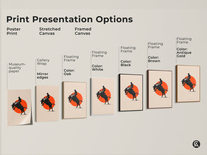 Explore presentation options for your cowboy artwork. Choose from poster prints or stretched canvas. Framed canvas art comes in various colors. Find the perfect fit for your modern farmhouse decor.
