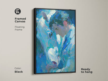 Black framed canvas art print of a man and white horse. The artwork is ready to hang with a floating frame. This emotional piece creates a focal point. Perfect for adding a touch of sophistication. Shop this framed canvas for a refined art experience.