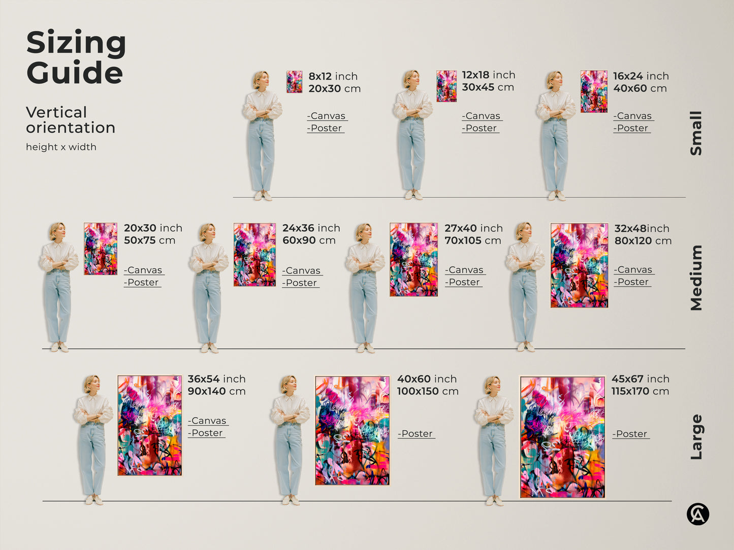 Sizing Guide for Vertical Graffiti Style Art. Available sizes range from small to large. See the artwork in 8x12 12x18 16x24 20x30 24x36 27x40 32x48 36x54 40x60 and 45x67 inch dimensions. Visualize the art in your space.