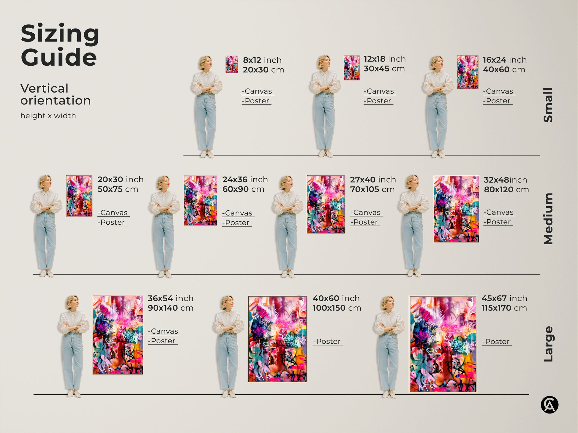 Sizing Guide for Vertical Graffiti Style Art. Available sizes range from small to large. See the artwork in 8x12 12x18 16x24 20x30 24x36 27x40 32x48 36x54 40x60 and 45x67 inch dimensions. Visualize the art in your space.