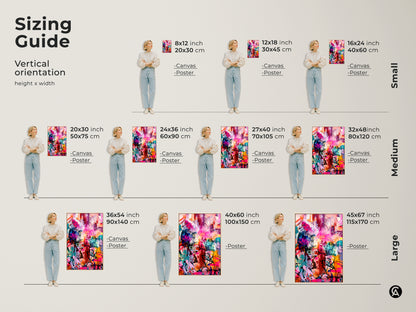 Sizing Guide for Vertical Graffiti Style Art. Available sizes range from small to large. See the artwork in 8x12 12x18 16x24 20x30 24x36 27x40 32x48 36x54 40x60 and 45x67 inch dimensions. Visualize the art in your space.
