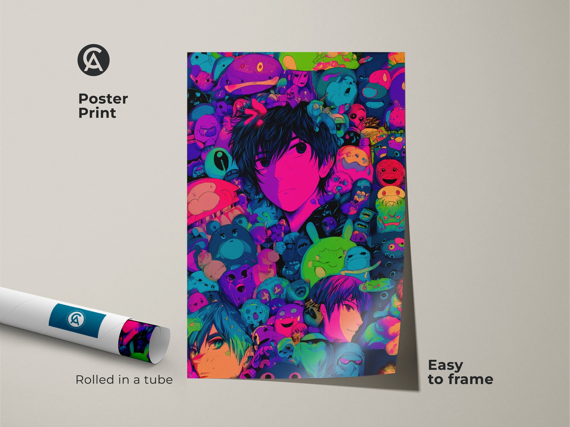 Anime poster print featuring a central character surrounded by colorful creatures. The artwork is rolled in a tube for easy framing. This eye-catching piece adds a vibrant and modern touch to any room decor. The poster is easy to frame.