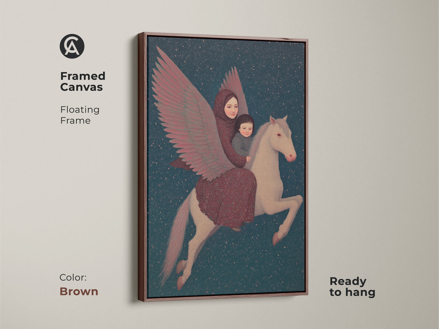 Brown framed canvas displays a celestial mother and child Pegasus. This ready-to-hang art combines surreal fantasy. It blends deep blue crimson hues for an eclectic home decor gift idea. The mythological artwork has a dreamy aesthetic.