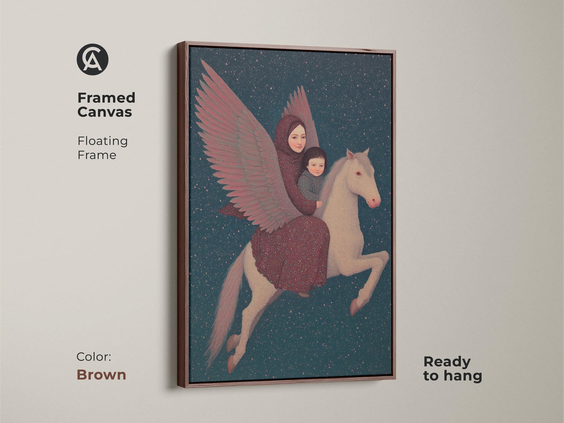 Brown framed canvas displays a celestial mother and child Pegasus. This ready-to-hang art combines surreal fantasy. It blends deep blue crimson hues for an eclectic home decor gift idea. The mythological artwork has a dreamy aesthetic.