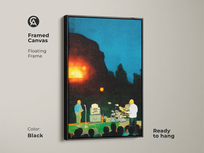 Elevate your space with this framed canvas art. Musicians perform during a live concert. The pointillism artwork features blue orange and green hues. The floating frame is in black and the art is ready to hang. It's a unique wall decor for music themed rooms.