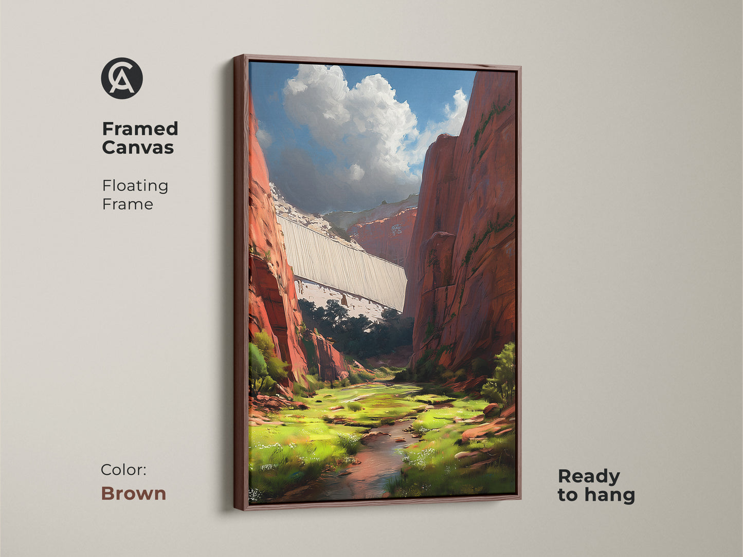 Framed canvas showcasing red canyon dam landscape art. The floating frame complements the contemporary artwork. This nature-inspired home decor piece is in brown. It brings a scenic view to your space ready to hang.