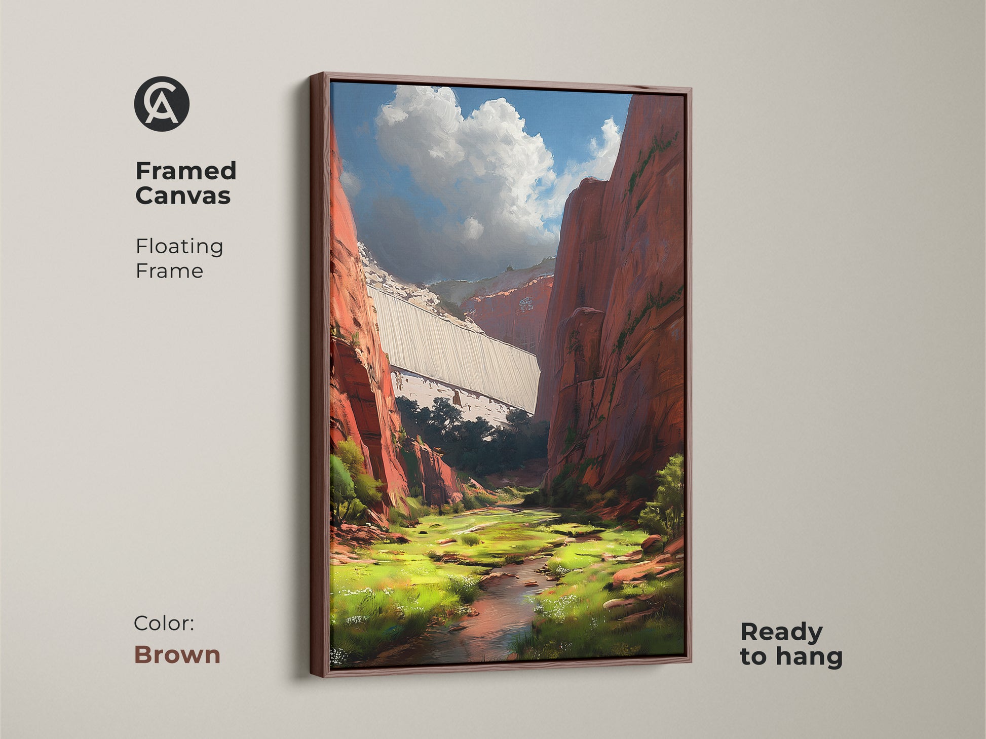 Framed canvas showcasing red canyon dam landscape art. The floating frame complements the contemporary artwork. This nature-inspired home decor piece is in brown. It brings a scenic view to your space ready to hang.
