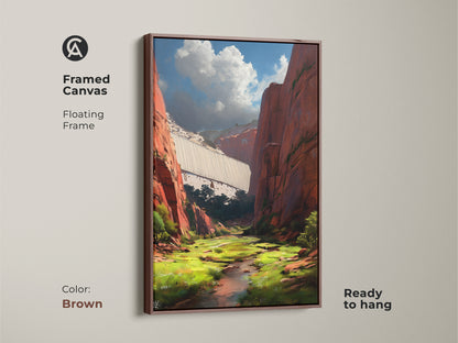 Framed canvas showcasing red canyon dam landscape art. The floating frame complements the contemporary artwork. This nature-inspired home decor piece is in brown. It brings a scenic view to your space ready to hang.