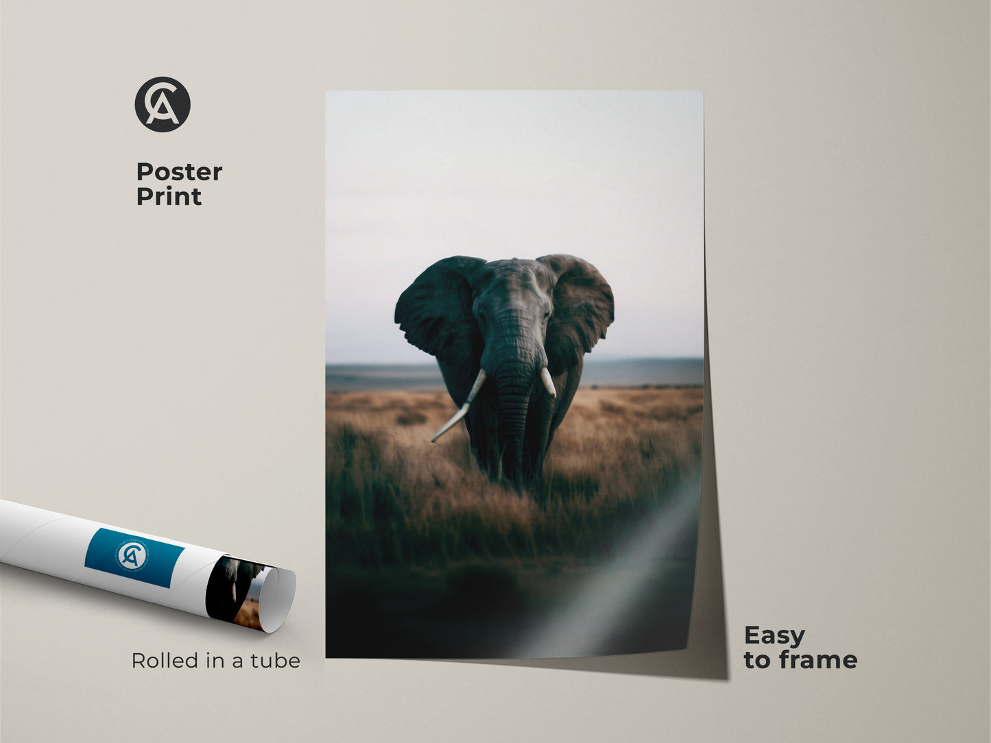 Museum-quality poster print of an elephant. This wildlife art arrives rolled in a tube easy to frame. The African savanna nature print is perfect for wildlife enthusiasts. The teal brown animal decor adds a touch of exotic beauty. Enhance your space with this natural landscape.