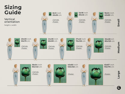 Sizing guide for the vertical orientation of the emerald green lotus flower art print. Available as canvas or poster. Visualize the perfect fit for your home with small medium and large sizes shown with models.