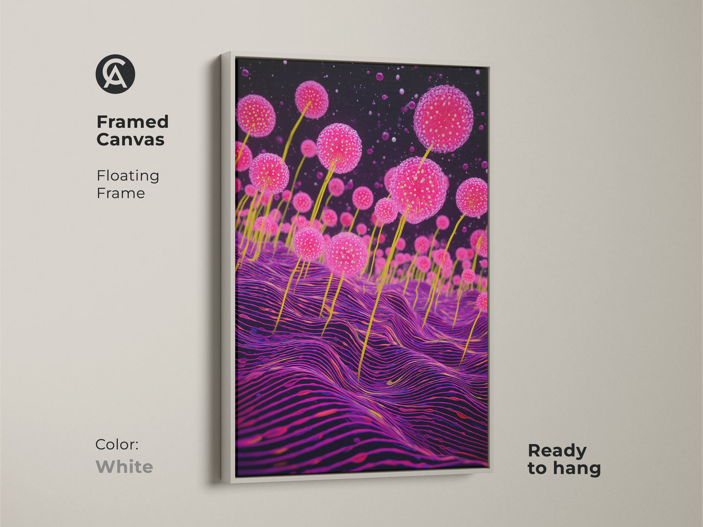 Framed canvas featuring surreal pink fungi against a deep purple wavy landscape. It's a psychedelic wall art. This abstract botanical print combines sci-fi fantasy with a unique botanical twist. The white floating frame gives a clean look to the art.