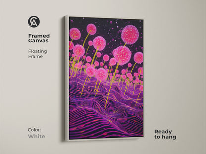 Framed canvas featuring surreal pink fungi against a deep purple wavy landscape. It's a psychedelic wall art. This abstract botanical print combines sci-fi fantasy with a unique botanical twist. The white floating frame gives a clean look to the art.